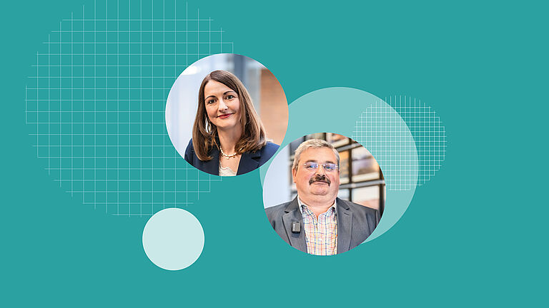 Composing von zwei Porträts, die Marlen Götz und Stefan Schwarz zeigen, beide sind Mitglied der BGHW-Selbstverwaltung