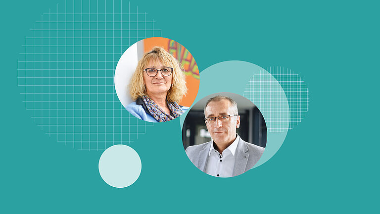 Composing von zwei Porträts, die Christine Westermann und Fejzula Ameti zeigen, beide Mitglieder der BGHW-Selbstverwaltung